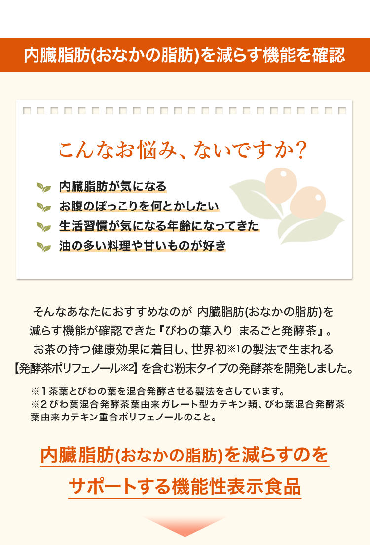 一日一包、健康習慣。びわの葉入り まるごと発酵茶〈機能性表示食品